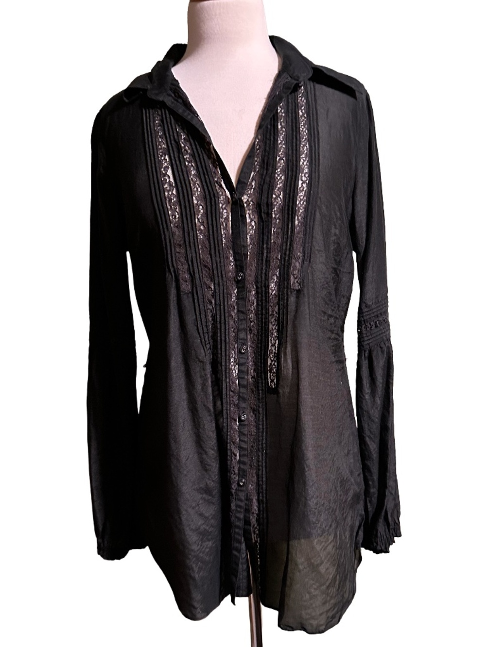 WHBM Silk Blend Sheer Lace Inset Pintuck Tunic Blouse Black